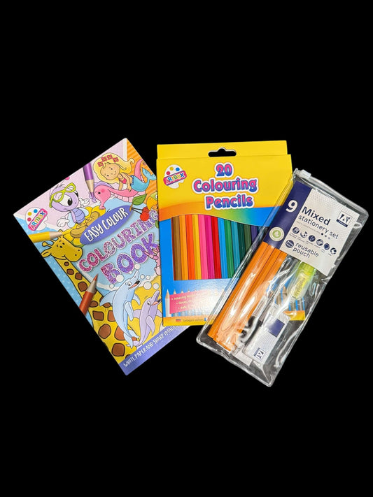 Blue Animal Colouring Book, Colouring Pencils, 9pc Stationary Pack