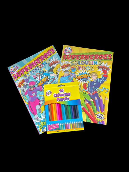 Bundle - 2 Superheroes Colouring Books and 20 Coloured Pencils