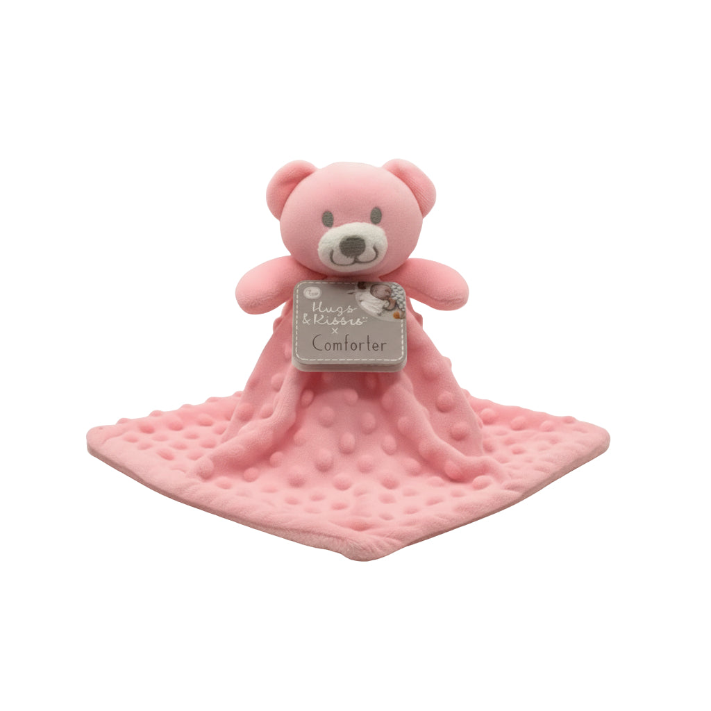 Soft Touch Baby Comfort Blanket Pink with teddy bear, ideal for newborns, provides comfort and sensory development.