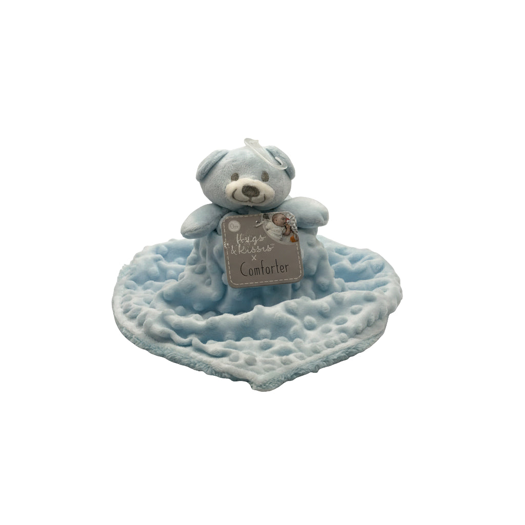Soft Touch Baby Comfort Blanket Blue featuring a cute bear design, perfect for soothing infants and promoting sensory development.