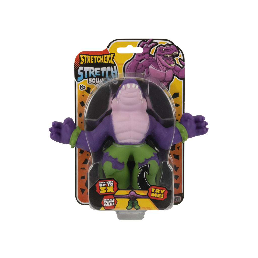 Dinosaur Stretch Toy in packaging from Stretcherz Stretch Squad, perfect for kids 3+ for sensory play and stress relief.
