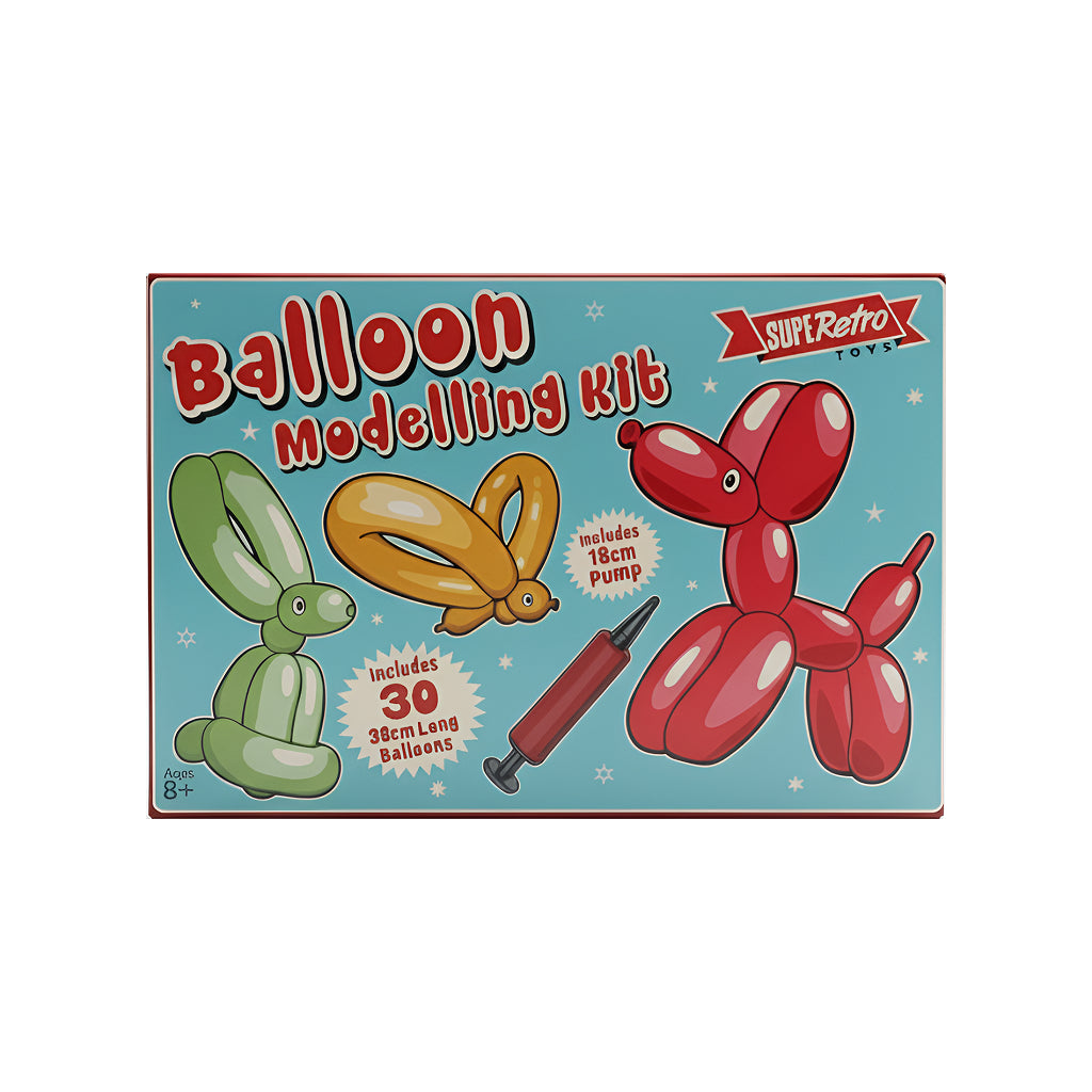 SuperRetro Balloon Modelling Kit packaging with colorful balloon animals and included items.