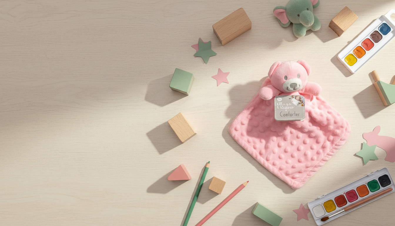 Pink baby comfort blanket with teddy bear toy on a light surface with toys and blocks around