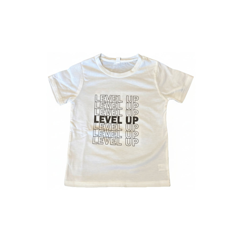 Boys Level Up T Shirt - White Kids Gaming Tee featuring a fun gaming-inspired design.