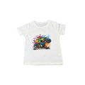 Boys Monster Truck T Shirt displayed on a white kids graphic tee with colorful monster truck design.