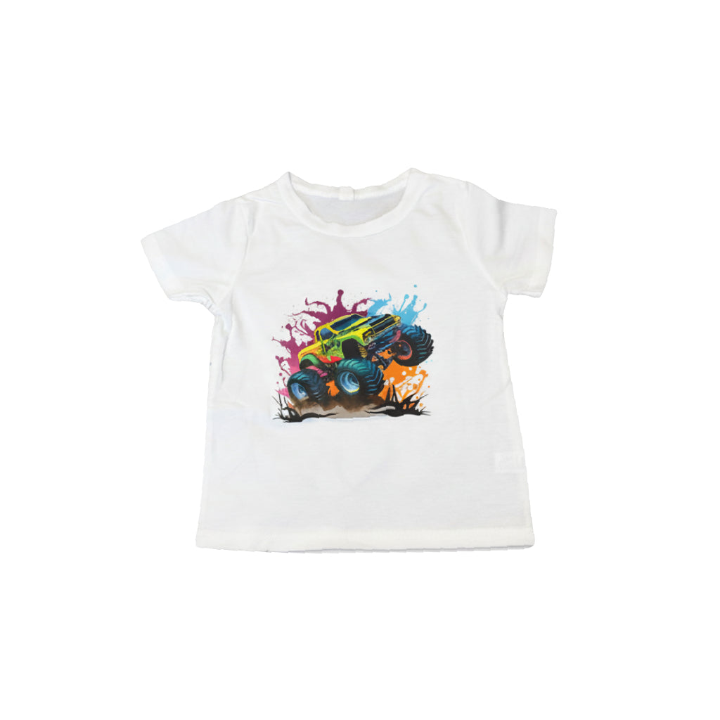 Boys Monster Truck T Shirt displayed on a white kids graphic tee with colorful monster truck design.