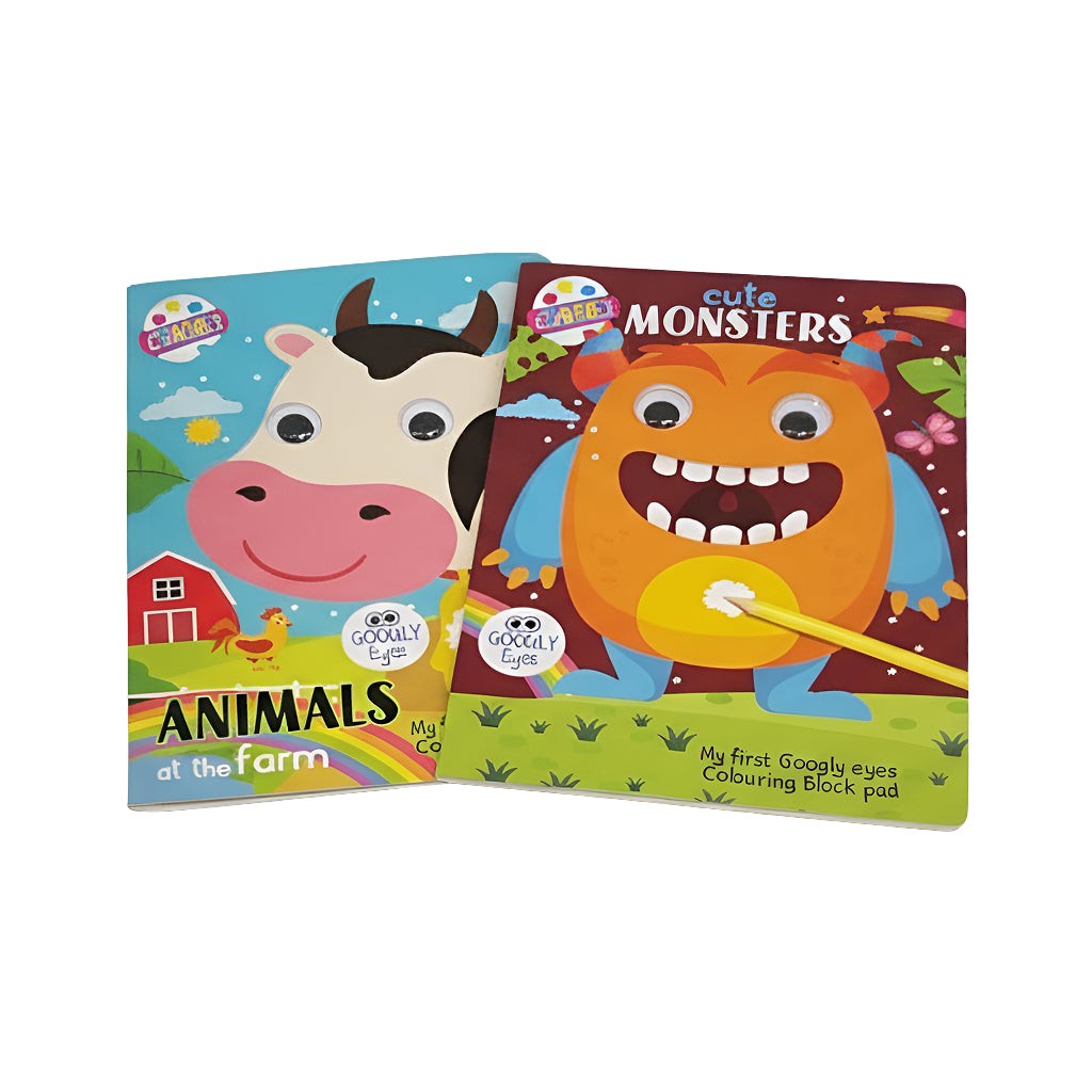 Wobbly Eyes Colouring Books featuring Animals at the Farm and cute Monsters for kids age 3 and up.