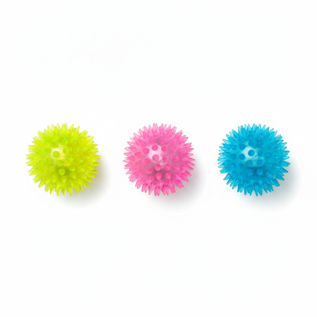 Three light-up spikey sensory balls in yellow, pink and blue laid flat on a white surface