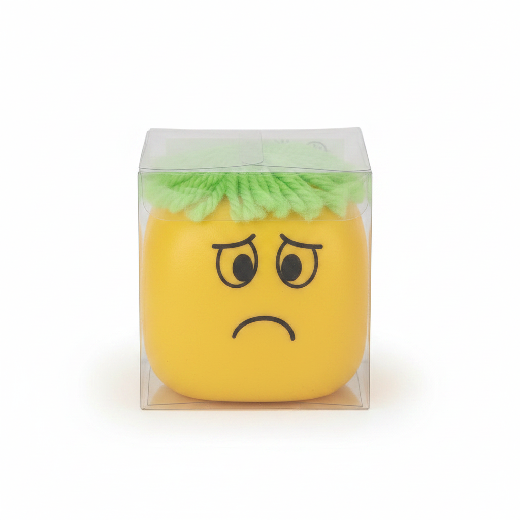 Moody squeeze face toy with yellow body and green fluffy hair in clear packaging on white background