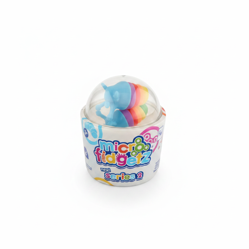 Micro Fidgetz Series 2 tub with blue unicorn and rainbow figure on white background