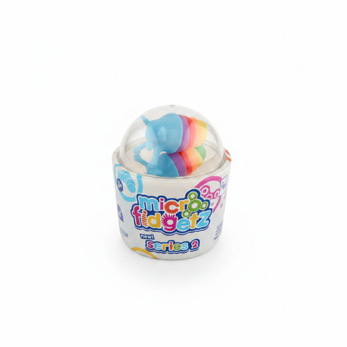 Micro Fidgetz Series 2 tub with blue unicorn and rainbow figure on white background
