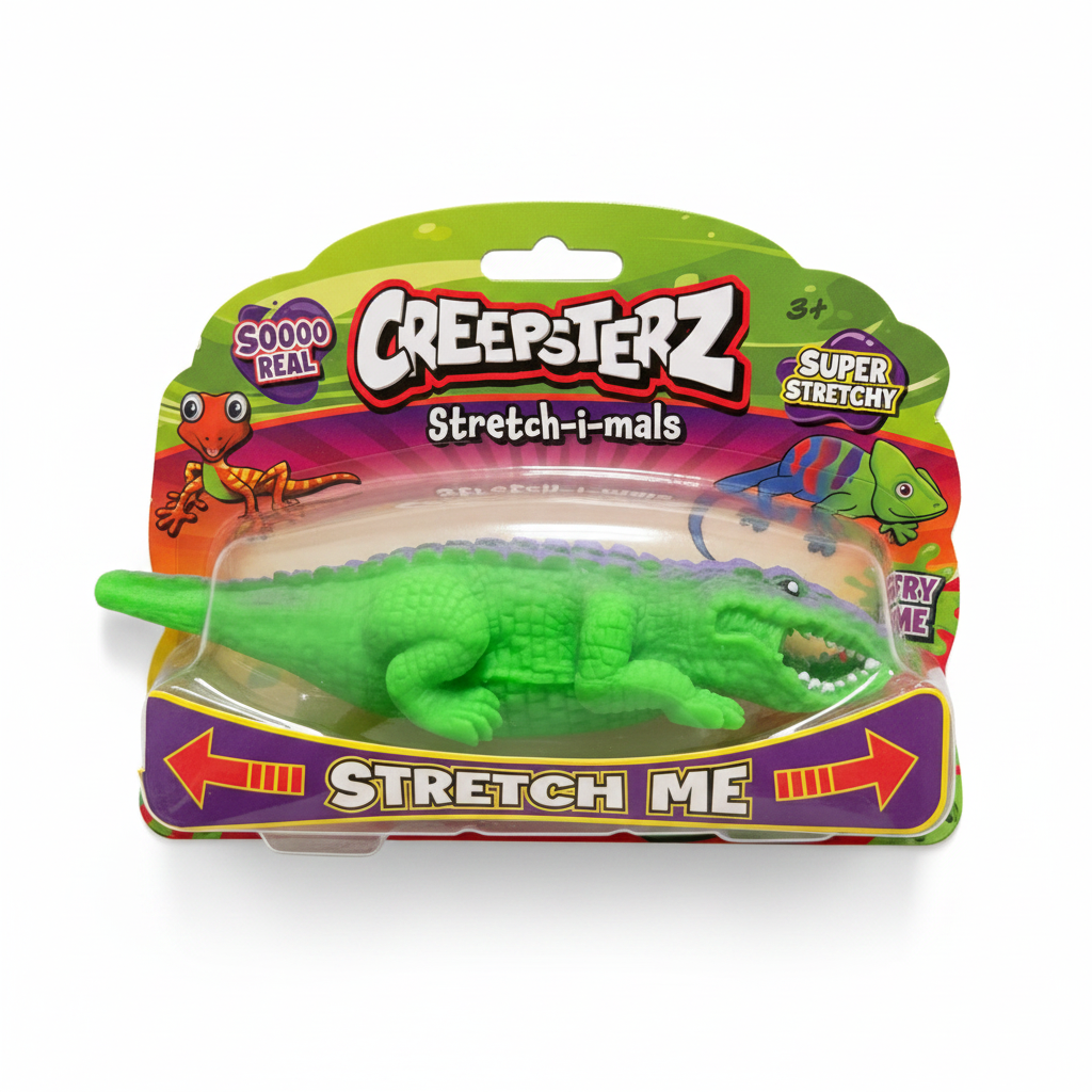 Creepsterz Stretch-i-mals green crocodile stretchy toy in packaging on white background