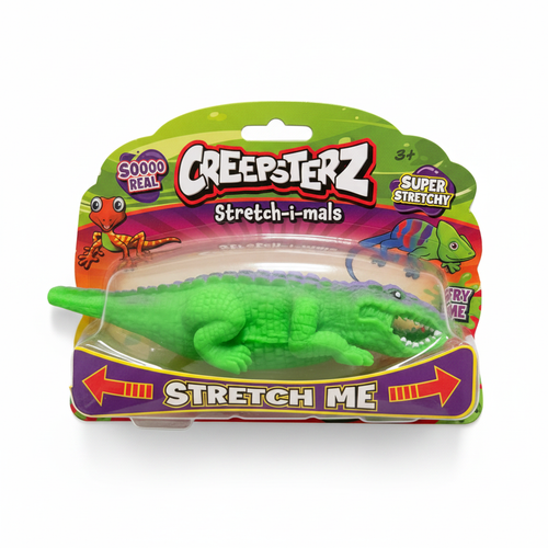 Creepsterz Stretch-i-mals green crocodile stretchy toy in packaging on white background