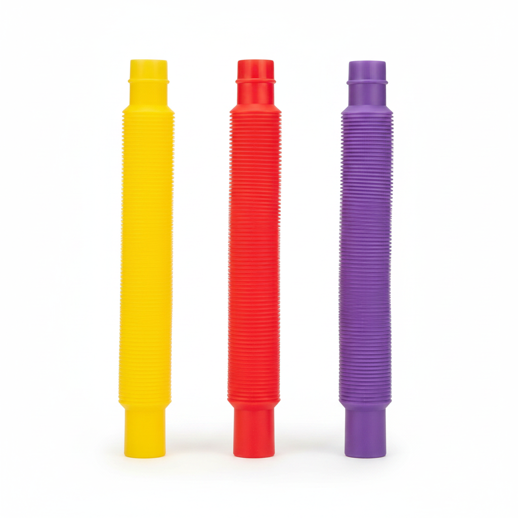 Three pop tubes in yellow, red and purple on a white background