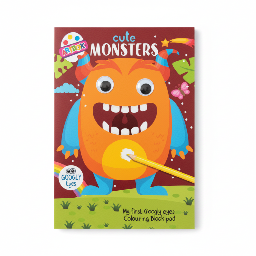 Cute Monsters Googly Eyes Colouring Book on a clean white background