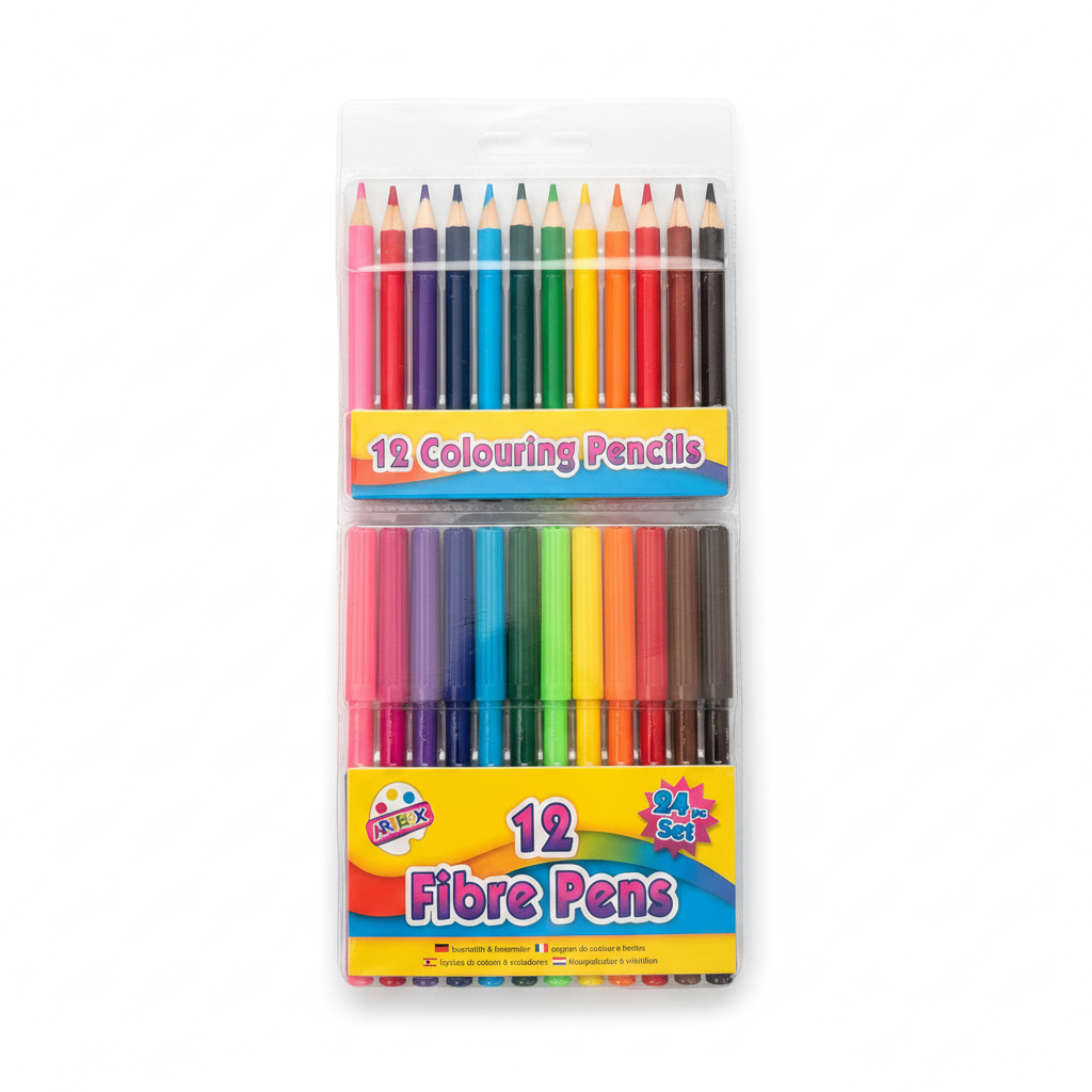 12 Colouring Pencils and 12 Fibre Pens on a clean white background