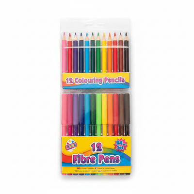 12 Colouring Pencils and 12 Fibre Pens on a clean white background
