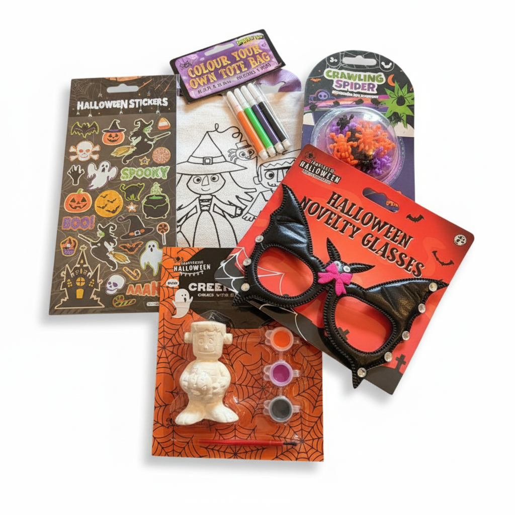 Halloween Activity Bundle with stickers, tote bag, crawling spiders, novelty glasses and paint your own bear