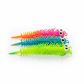 Three stretchy centipede toys in pink, blue and green on a white background