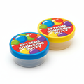 Two Extreme Bouncing Putty tubs with yellow and blue rims on a white background