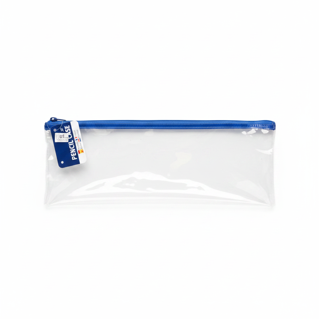 Clear pencil case with blue zip on a clean white background