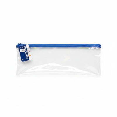 Clear pencil case with blue zip on a clean white background