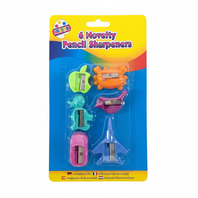6 Novelty Pencil Sharpeners on a clean white background