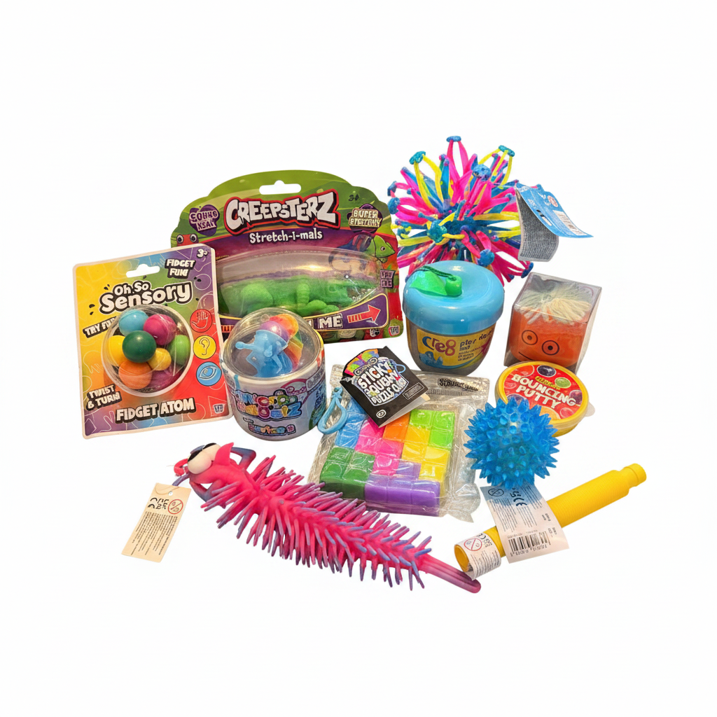 Collection of colourful sensory and fidget toys including stretchy animals, squishy cubes, play dough, spikey balls and more on a white background