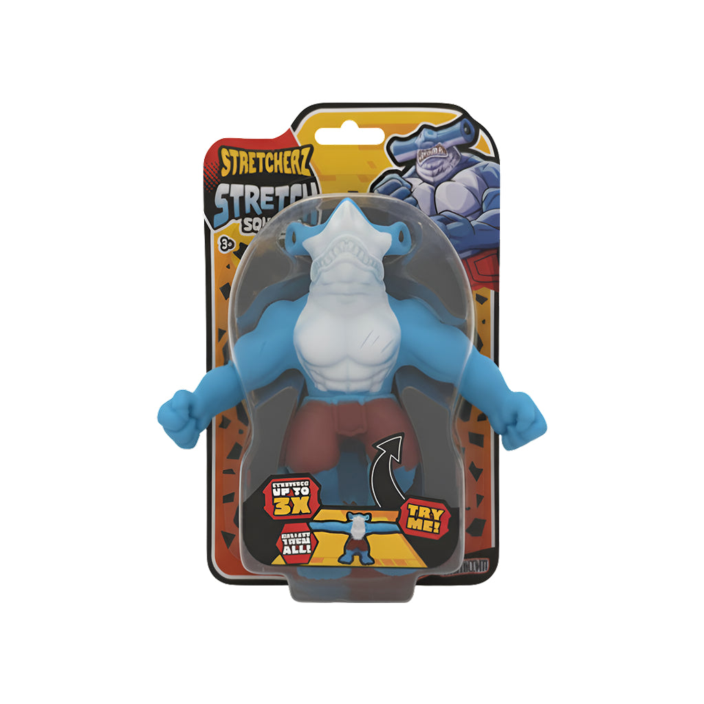 Hammerhead Shark Stretch Toy in packaging, colorful design, ideal for stress relief and sensory play for kids 3 years and older.