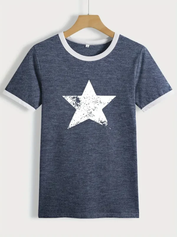 Women's White Star Print, Deep Blue T Shirt - Image 2