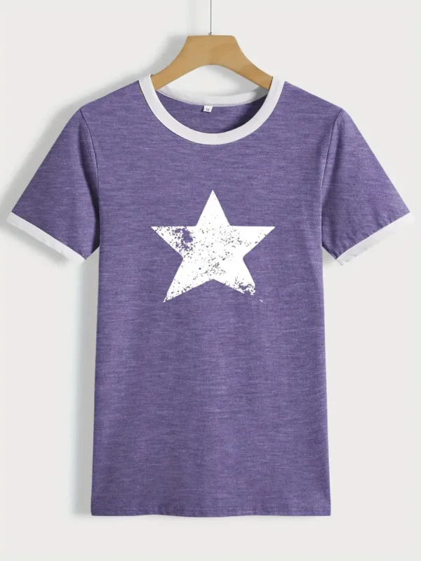 Women's White Star Print, Purple T Shirt - Image 3